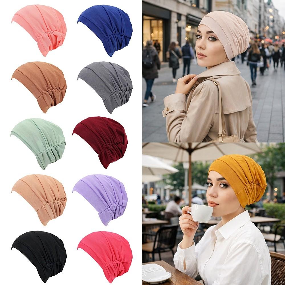 Comfortable Vintage Hijab Caps Elastic Soft Polyester Islamic Headband Breathable Wrap Style Cancer Chemo Hat Hair Loss