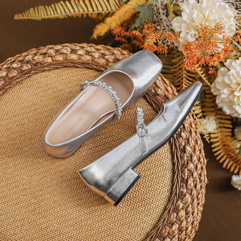 Summer Single Shoes New Square Head Shallow Mouth Rhinestone One-word Diamond Belt Silver Low Heel Flat Shoes Mary Jane Shoes