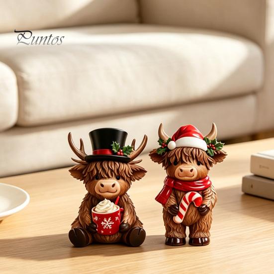 Niedliche Tier-Schreibtischdekorationen 2 Stück Weihnachts-Hochlandrind-Figuren, Harz-Weihnachtsmann-Rentier-Kuh, mit Hut, Dekorative Sammlerstücke für den Innenbereich Heiß