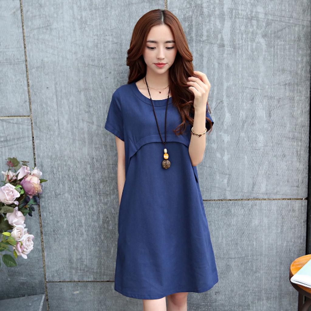 Women Cotton Linen Thin Short-sleeved Loose Waist Plus Size Dress