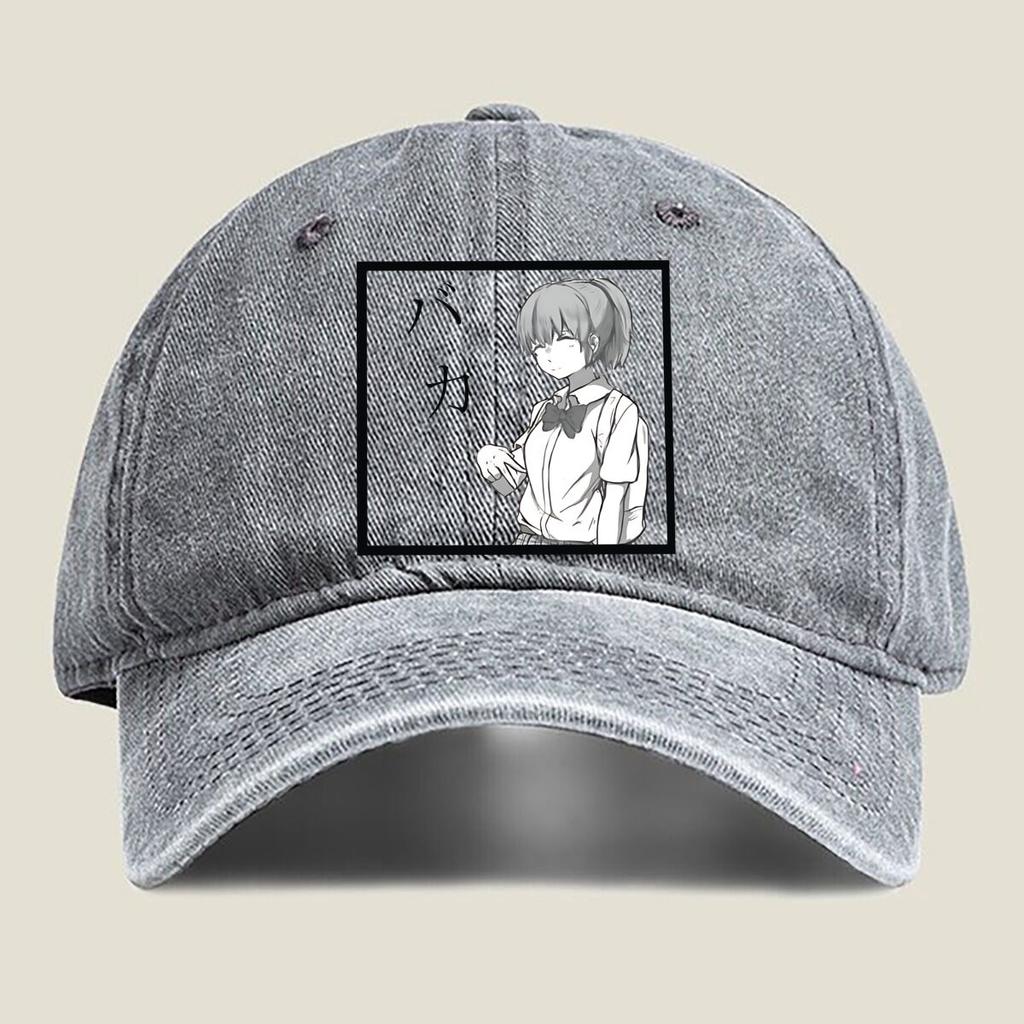 Anime Girl with “Baka” Text Washed Baseball Cap