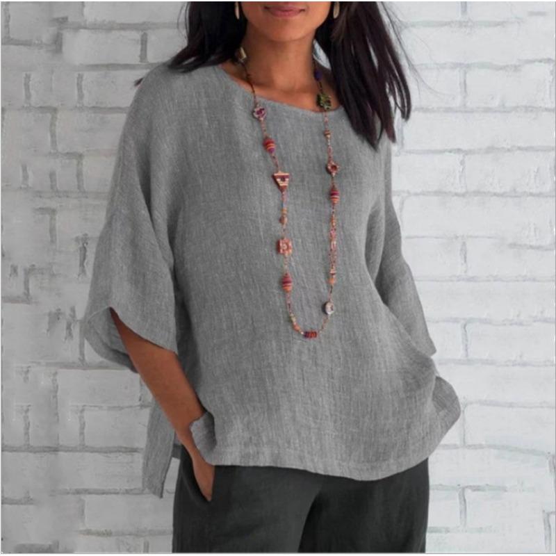 Seven Quarter Sleeve Round Neck Cotton Linen Solid Color Casual Women's Blouses & Shirts