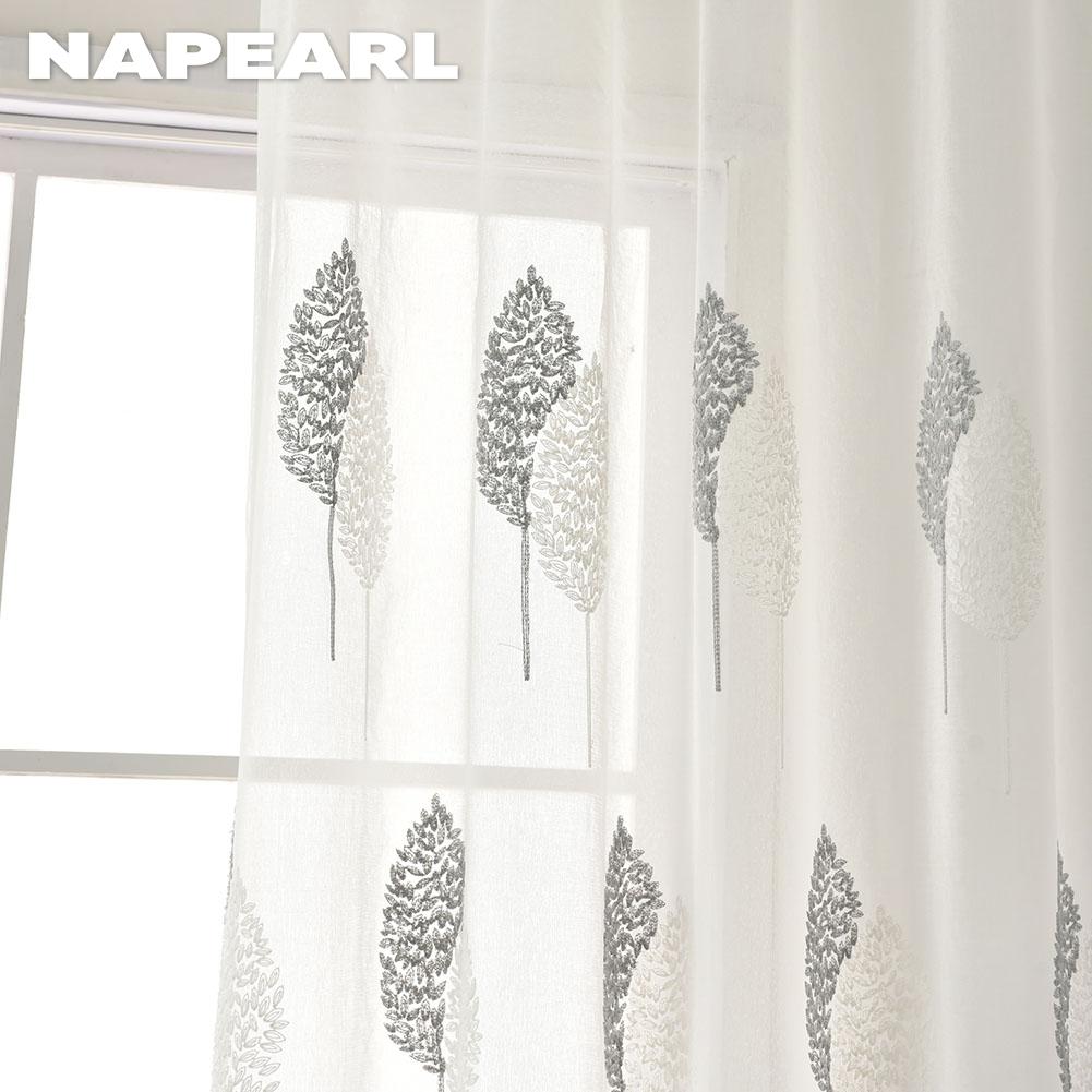 1PC NAPEARL 10%-20% Shading White Transparent Floral Embroidered Grey Leaves Tulle Sheer Voile Curtain for Living Room Bedroom