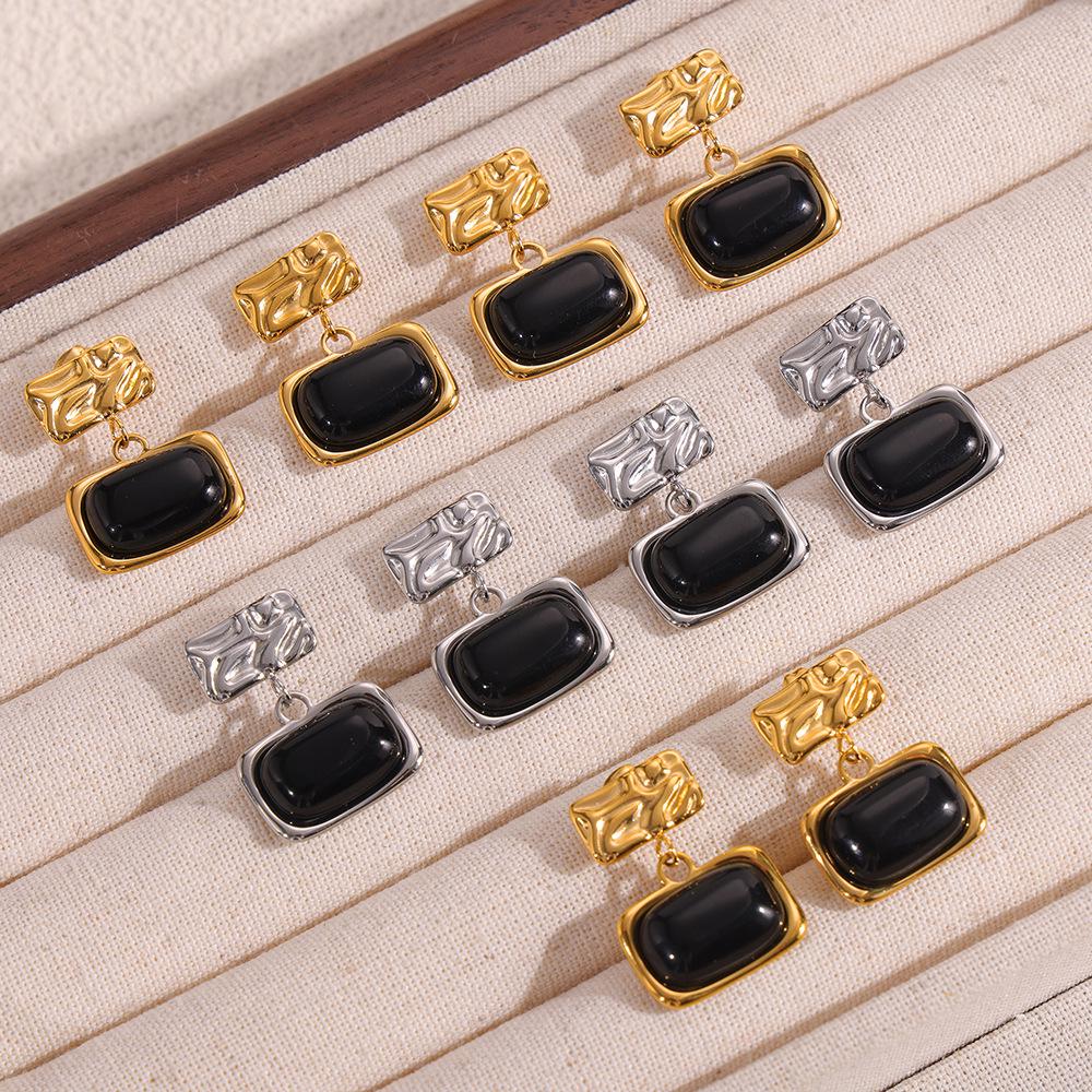 

Chic French Black Glass Geometric Pendant Titanium Steel Earrings for Women