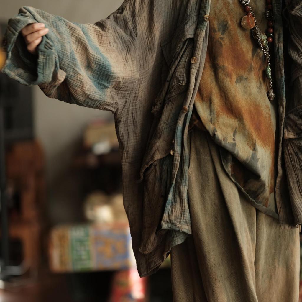 Ancient Falling Mud Light Retro Lapel Cotton-Linen Jacket with Pockets, Plant-Dyed Ash Tone