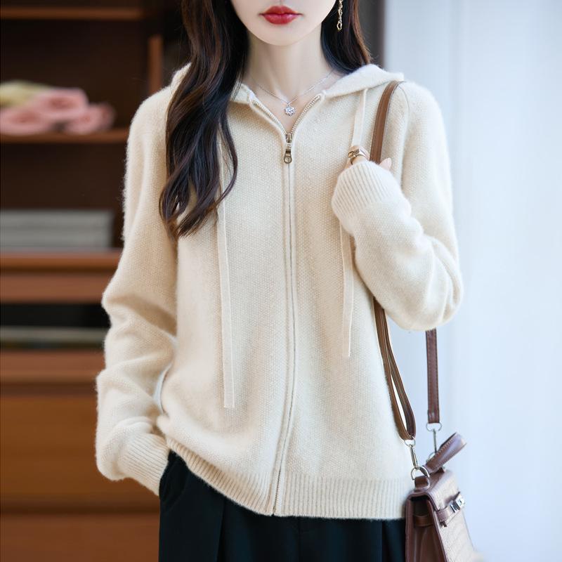 Women's Thick Wool Zipper Hooded Cardigan: Autumn/Winter Fashion, Loose Knit, Long Sleeve Sweater Coat.