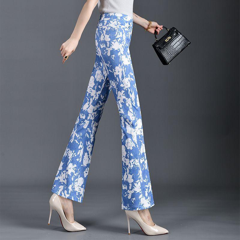Denim Blue Stylish Micro-Flare Summer Pants - Plus Size Slim-Fit Versatile Casual Women's Trendy Long Pants