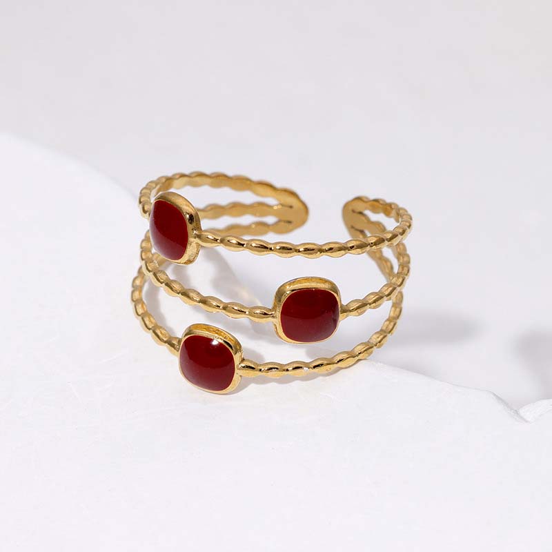 Vintage Red Drip Oil Geometric Rings for Women Stainless Steel Gold Color Heart Opening Adjustable Finger Rings Jewelry New