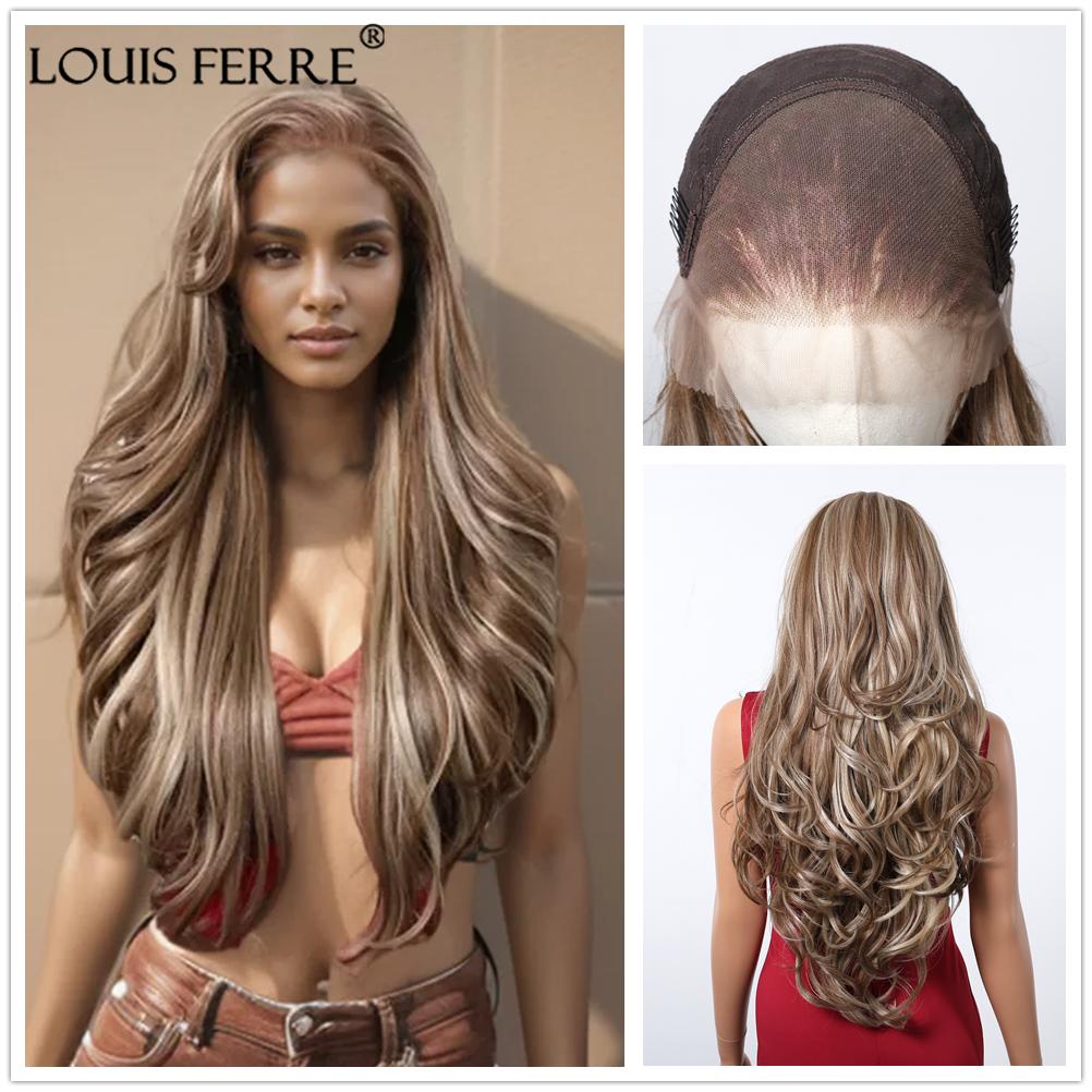 LOUIS FERRE HD 13x6 Lace Wigs Synthetic Black Wig Long Wavy Wigs with Baby Hair for Women Daily Party Heat Resistant Fiber Wigs