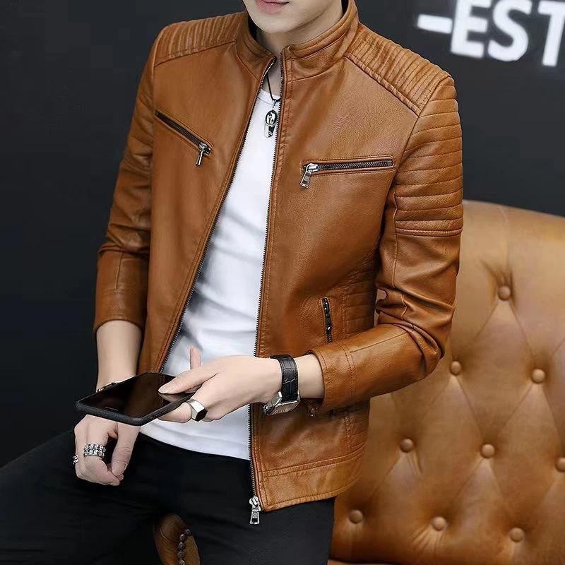 Autumn and winter new stand-up collar leather jacket slim trend locomotive pu leather jacket men