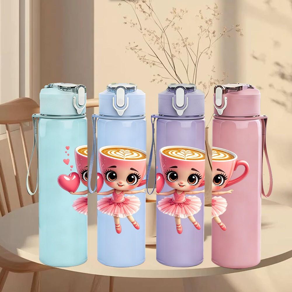1PC Girl In Teacup Cute Pink Cartoon Print 750ml Color Plastic Sports Water Bottle Leakproof Flip Straw Lid Suitable for Sports Office Home Use