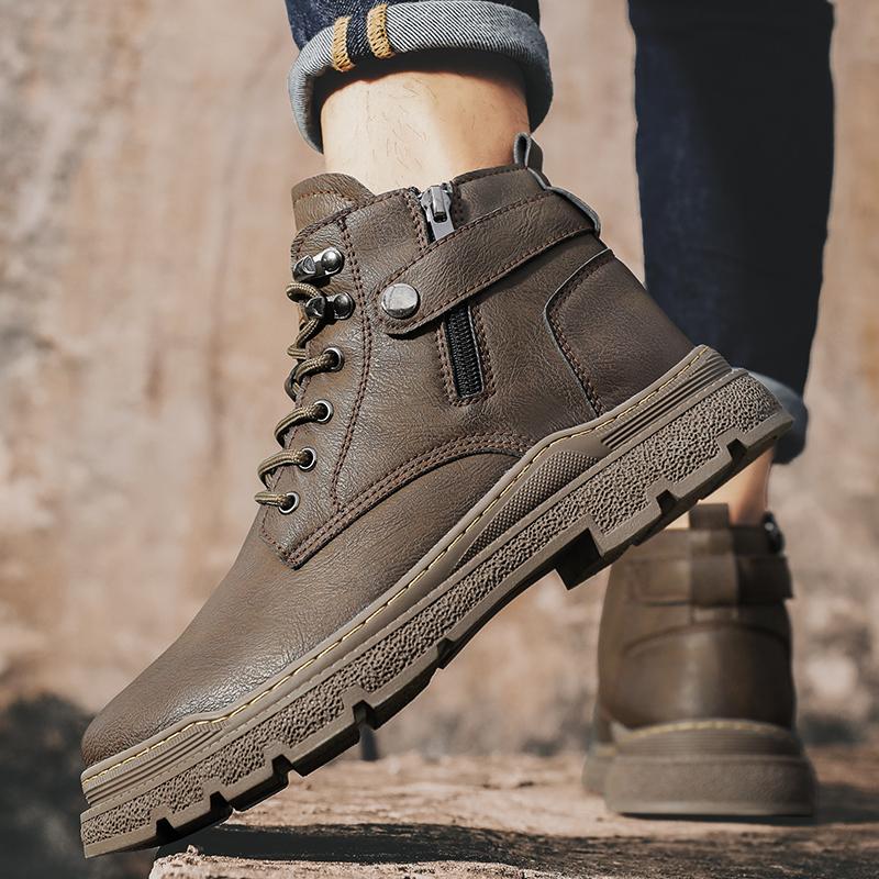 Male Warm Plush Fur Winter Boots Classic Leather Men Ankle Boots Lace-Up Non-Slip High Top Shoes Punk Style Man Motorcycle Boots