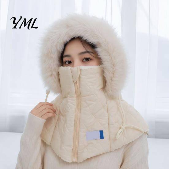 Breathable Zipper Face Cover Cap Women Winter Balaclava Hat, Quilted Mask Hood Closure, Fuzzy Trim, Windproof Ski with Fleece Lined, Warm Hat for Cold