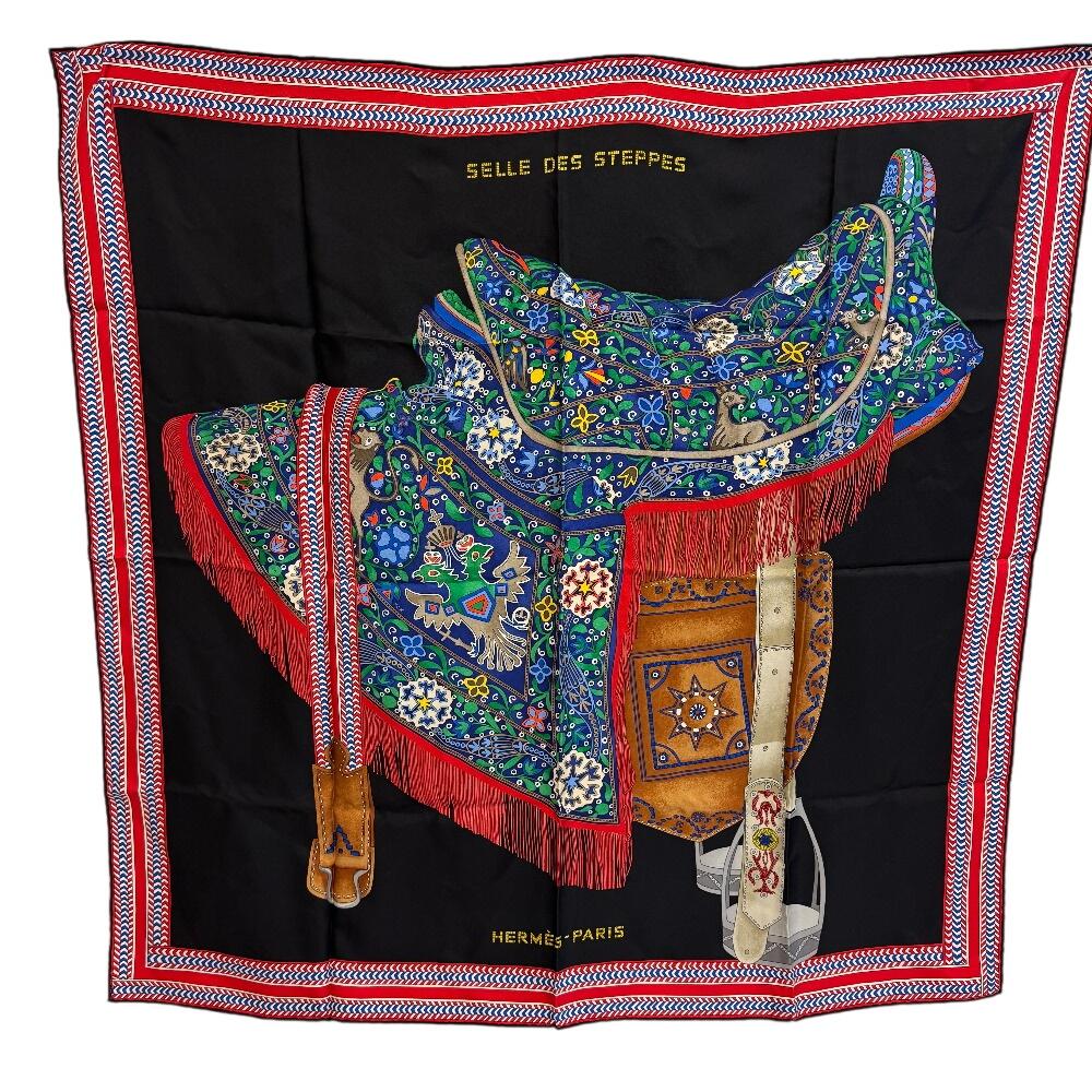 Hermes SELLE DES STEPPES (Saddle) Silk Calle 90 Scarf Navy Silk Used
