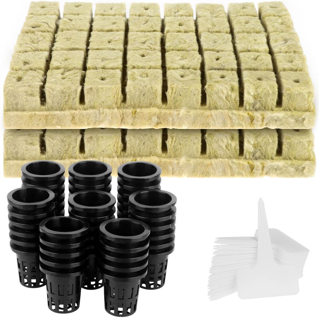 100 Set    With Net Pots, Including 100 Packs 2 Inches Plastic Net Pots, 100 Packs Rock Wool Planting  And