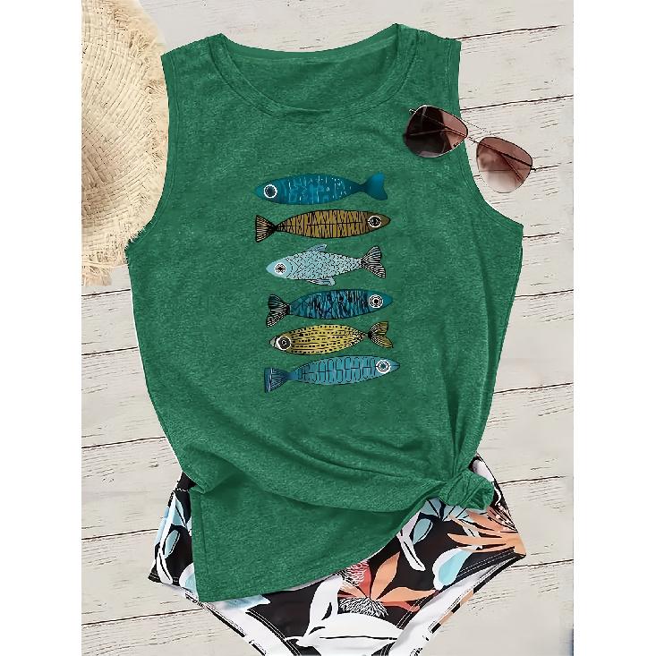 Women's fishnet tank top Colorful fake bait fish print round neck casual loose summer vest Fashionable and elegant tops for commuting, vacation, and