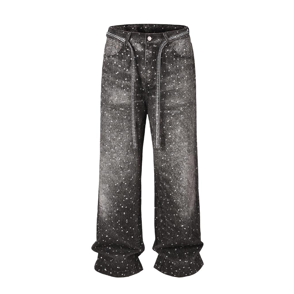 Unisex Wide Leg Pants Jeans Vintage Loose Trousers Straight Denim Pants Mid Waist Lace Up Diamonds Pockets Washed Streetwear