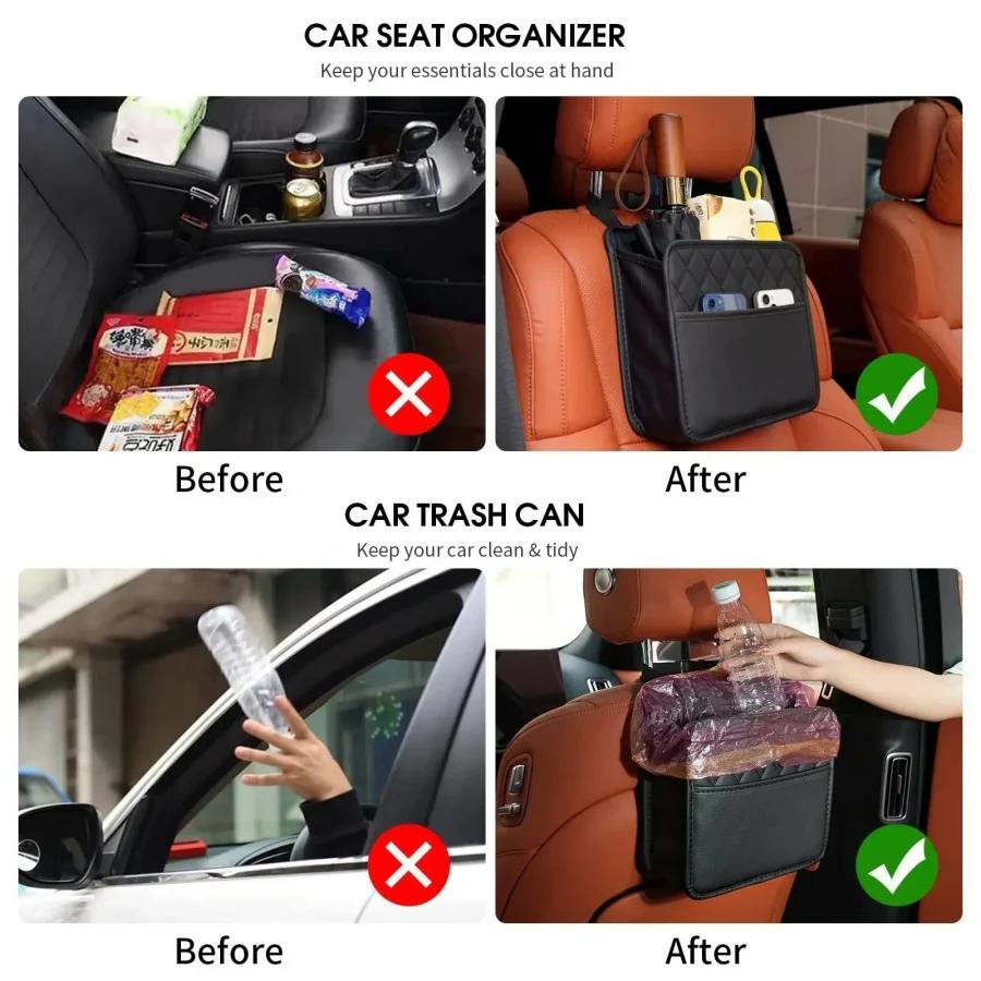 Multi-functional Car Storage Organizer, Car Seat Storage Bag Leather Storage Bag Garbage Bag Storage Bag Portable Trash Can For