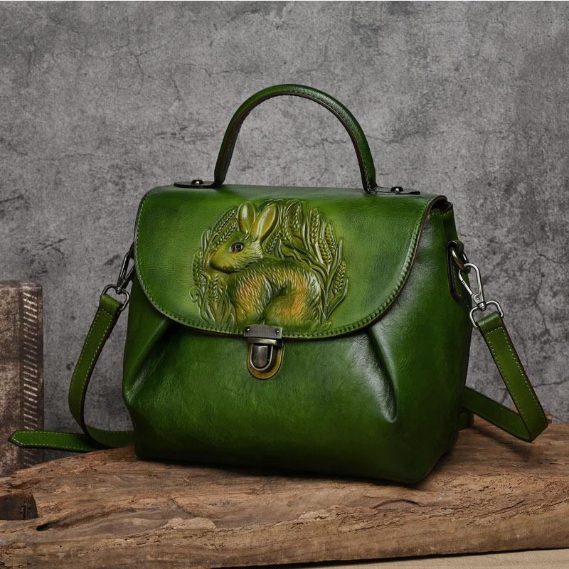 Johnature Rabbit Embossed Handbag Genuine Leather Retro Women Bag Versatile Real Cowhide Handmade Shoulder Bags