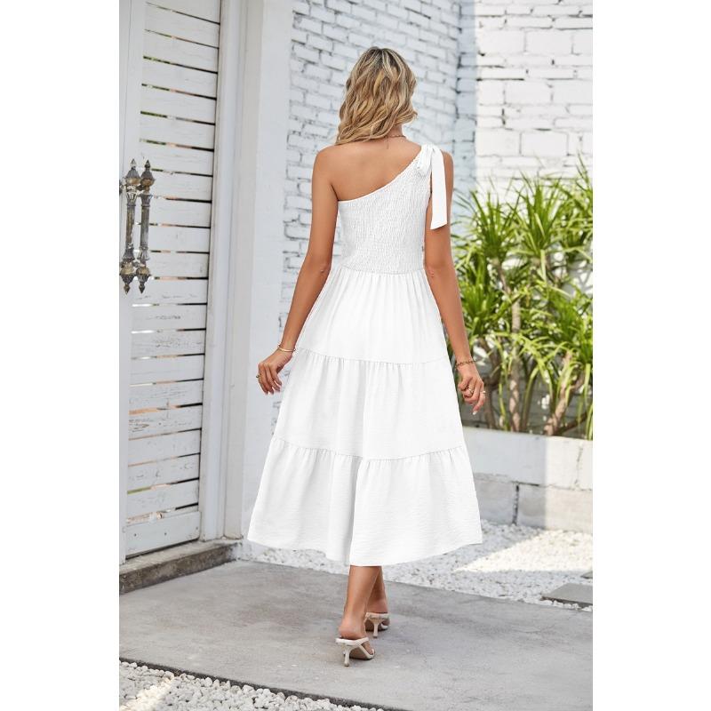 Summer Women's Dress One Shoulder Drawstring Layered Hem Split Dresses