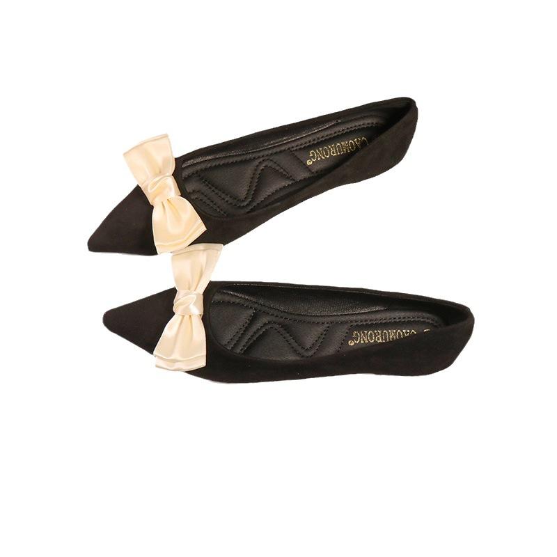 Fashion elegant ladies bowknot silk wedding shoes woman suede leather ballet flats pointy slip on loafers women bow moccasins big size43