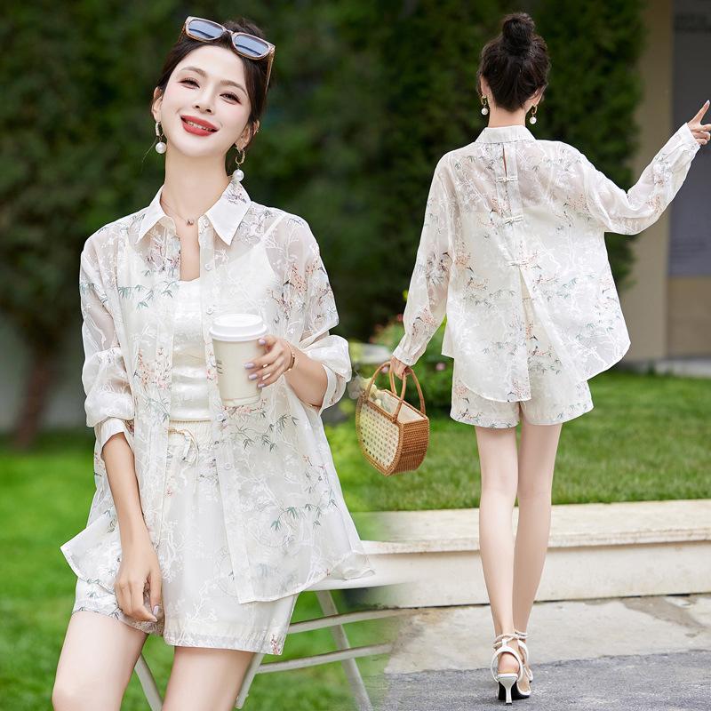 

Свежий принтованный солнцезащитный топ и шорты из двух предметов, летний молодежный модный женский комплект XS бежевый