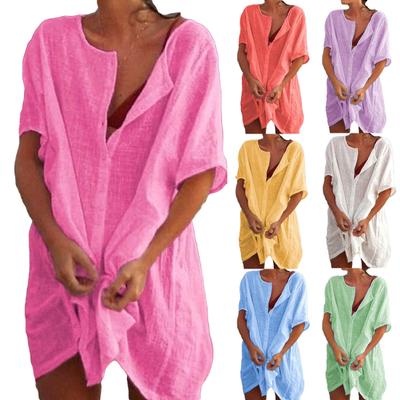Plus Size Summer Women Solid Color Deep V Neck Short Sleeve Loose Cover Up Dress