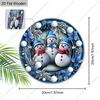 Three Snowmen Blue Wreath Round Wooden Hanging Sign, 2D Printed Christmas Front Door Wall Ornament