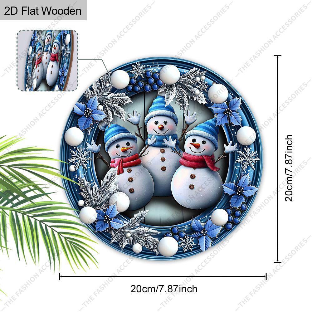 Three Snowmen Blue Wreath Round Wooden Hanging Sign, 2D Printed Christmas Front Door Wall Ornament