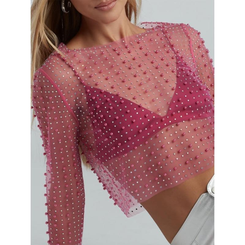 Женский летний сетчатый топ со стразами S ярко-розовый