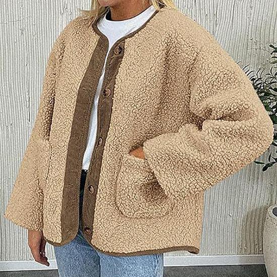 Women's Warm Winter Coat Collarless Casual Long Sleeve Button Plush Lamb Suede Jacket Coat