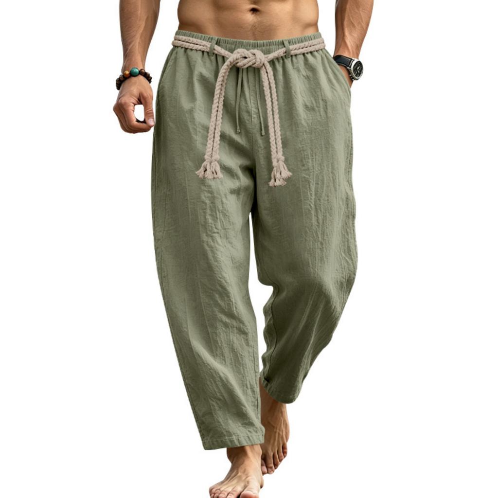 Men's Linen Drawstring Pants Lightweight Breathable Straight Leg Trousers Casual Summer Vacation Commuting Pants