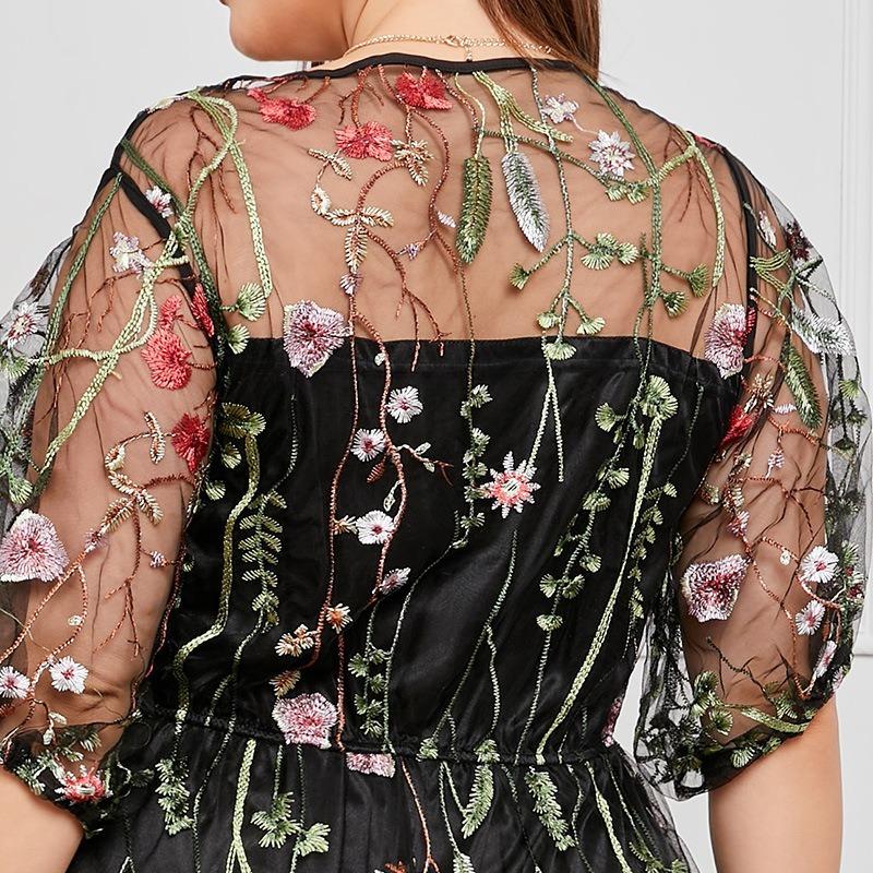 Floral Tulle Plus Size Dresses for Women Round Necked Lace Appliques Dress Summer Mesh Sheer Bling Floral Pleated Dress Commuter Fashion Dresses