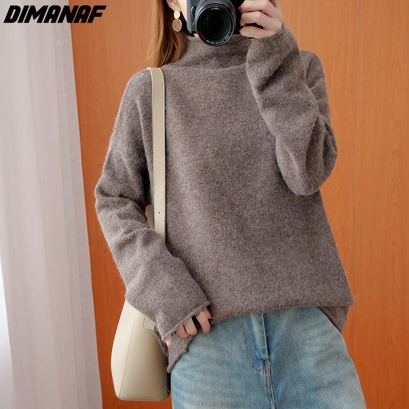

DIMANAF женские свитера больших размеров, водолазка, тонкие однотонные свободные повседневные осенне-зимние топы, вязаный винтажный пуловер 2021