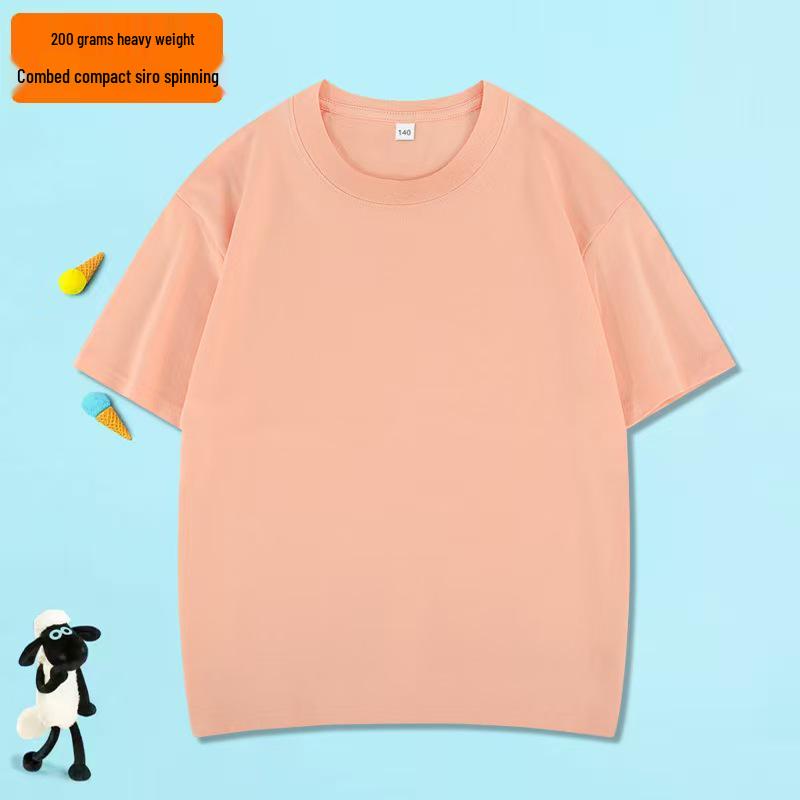 200g Pure Cotton Children's Short Sleeve Round Neck T-shirt – Parent-Child Casual Campus Style, Boys' Plain Color School Uniform Top