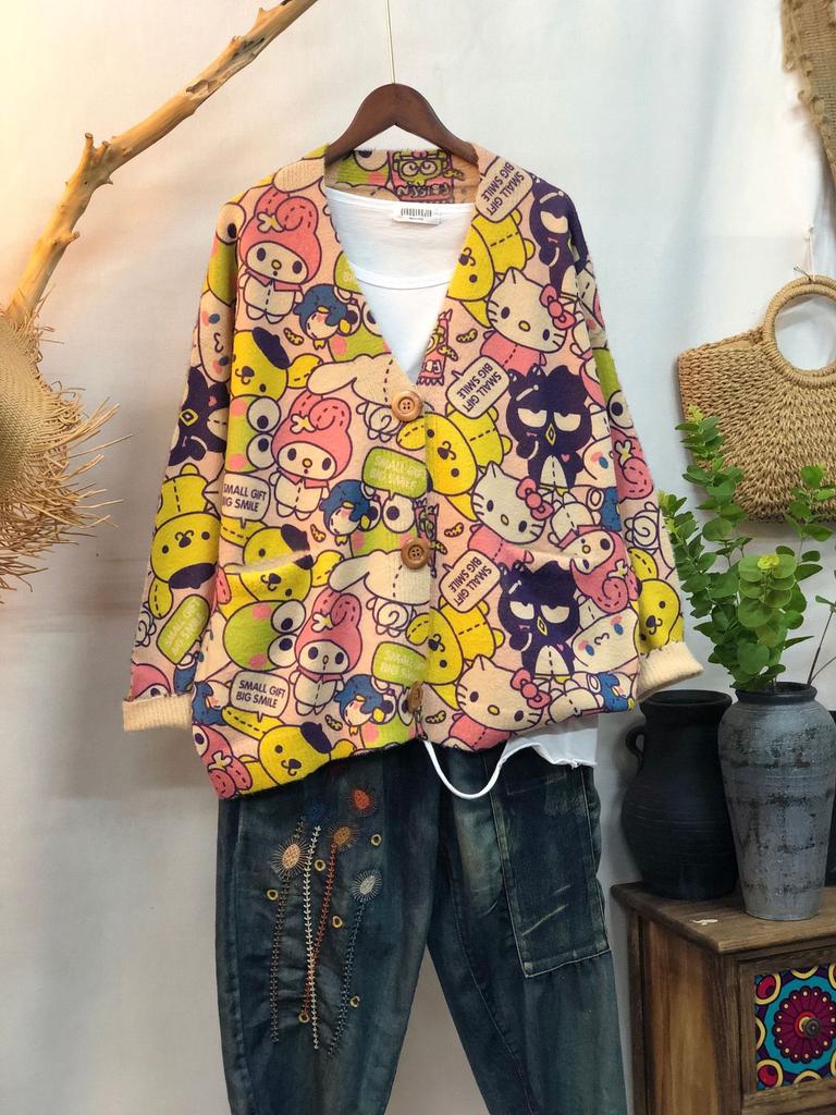 Factory new autumn and winter cute printed imitation mink velvet jacket women's Korean version loose lazy sweater