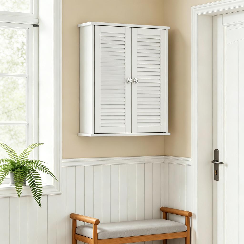 Bathroom Wall Cabinet, Hanging Storage Unit, 2 Louvered Doors, Adjustable Shelf, White