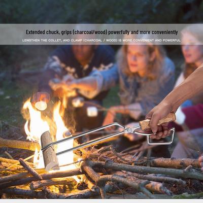 Heat-Resistant Duckbill Charcoal Tongs with Solid Wood Handle for BBQ and Fire Pits.