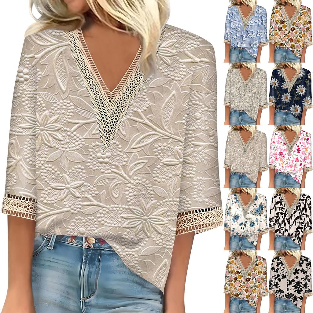 Women's Shirt Blouse Casual Loose Shirts 3/4 Sleeve Lace Trims Print V Neck Tops Print Tops T-shirts Tee