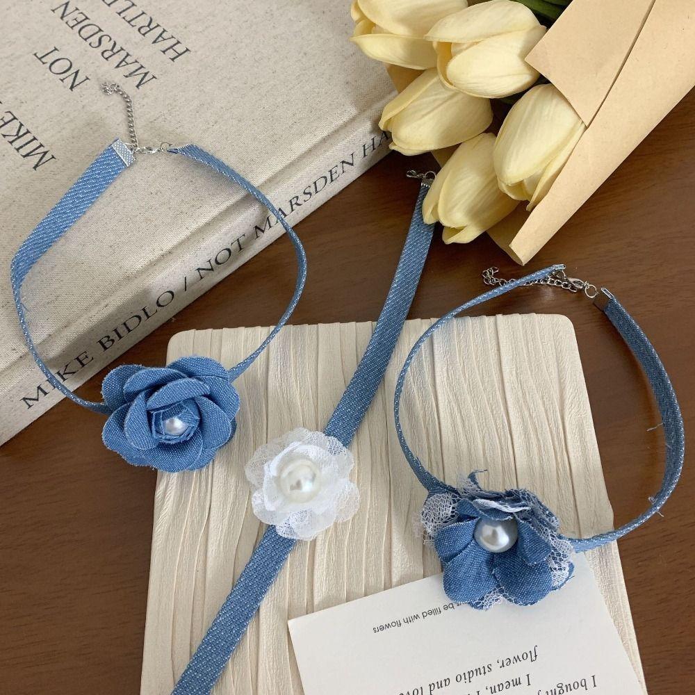 

Denim Camellia Necklace Lace Pearl Chain Choker Exquisite Rose Choker Necklace Unisex белый