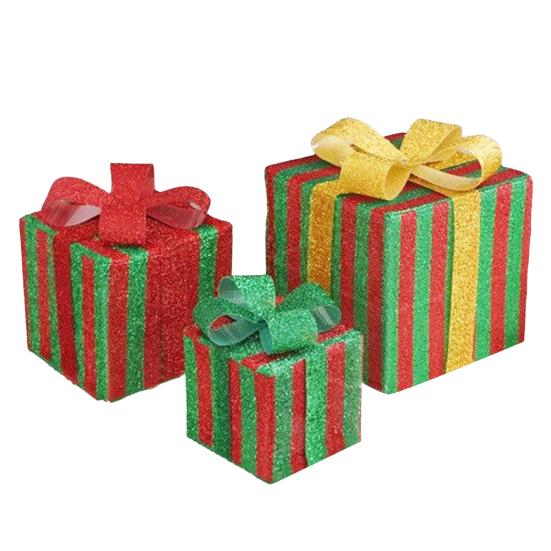3 Pcs/Set Christmas Lighted Gift Boxes LED Light Up Stackable Nesting Box with Bow for Christmas Indoor Outdoor Home Yard Lawn Decor