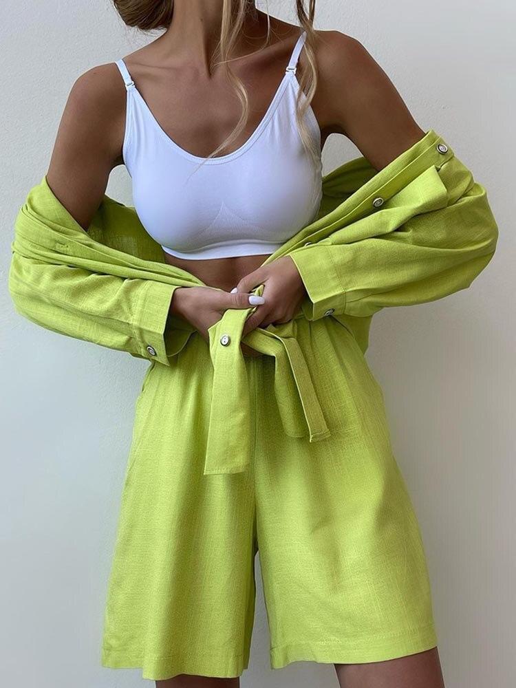 Cross-border Loose Fashion Suit Single-breasted Large-size Women's Clothing Long-sleeved Solid Color Shirt Casual Shorts two-pieCe Set