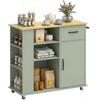 Carrinho de cozinha com rodízios, ilha de cozinha com gaveta, porta, compartimentos abertos e porta-temperos, verde