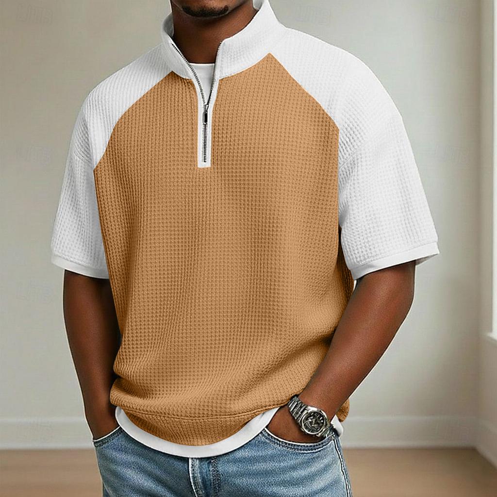 Men's Stand Collar Half Zipper Raglan Sleeve Color Block Casual Short-Sleeve Top