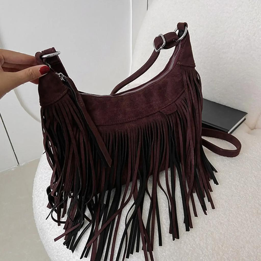 Large Retro Fringed Handbag Totes Bag  PU Messenger Bag Zipper Soft Ethnic Style Women’s Fringed Leather Shoulder Bag