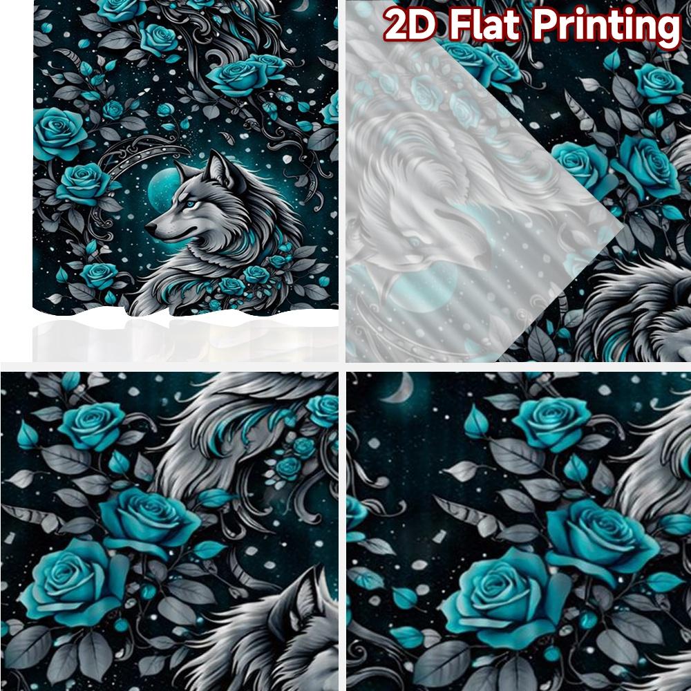 2D FLAT PRINTING 2pcs Curtains (Without Rod) Wolves with Blue Roses Popular Minimalist Curtains Machine Washable Fabric Curtains