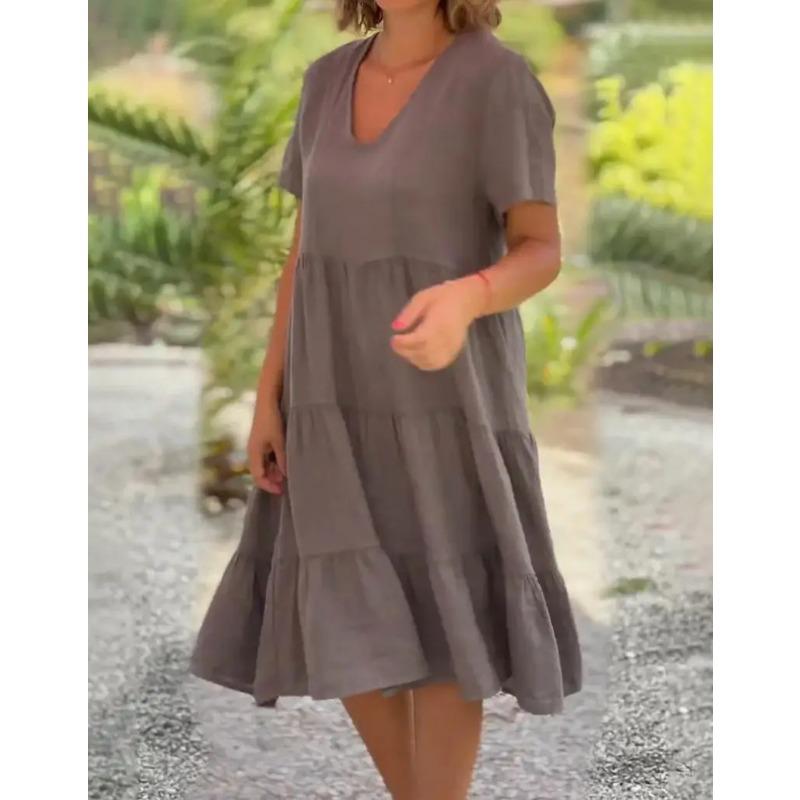 

Повседневные женские платья из хлопка и льна 2025 года, весна/лето, милое платье с коротким рукавом, V-образным вырезом, свободного кроя, S-5XL L дубильная кора