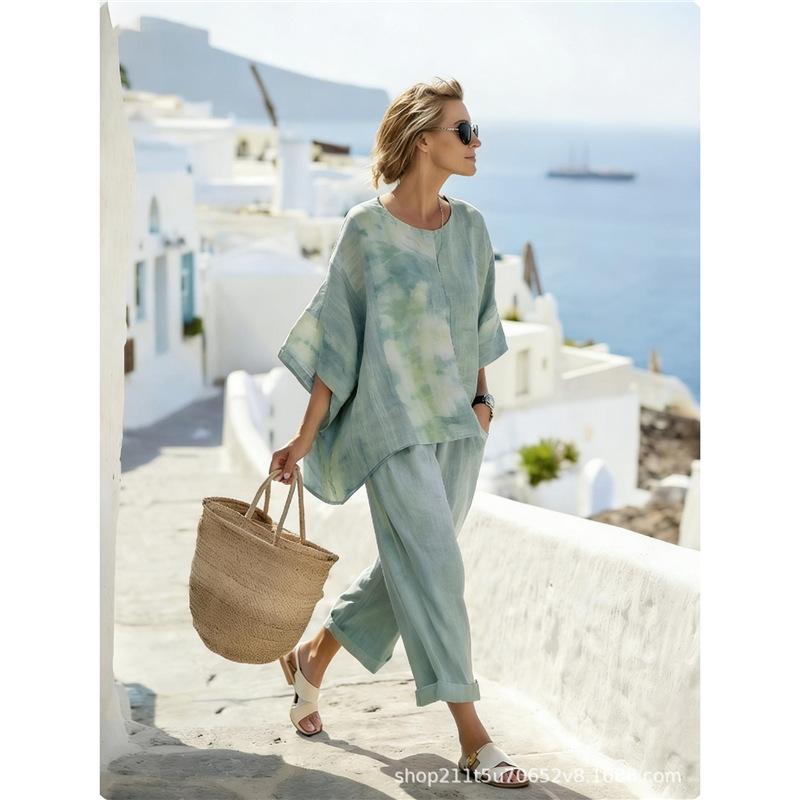 New summer women's round neck gradual change 1D printing casual seven-quarter sleeve set vacation two-piece set