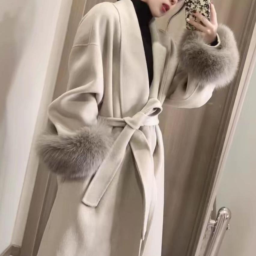 Damen 2025 Winter Schwarz Faux Fur Kaschmirwolle Mantel - Petite Doubleface Trench