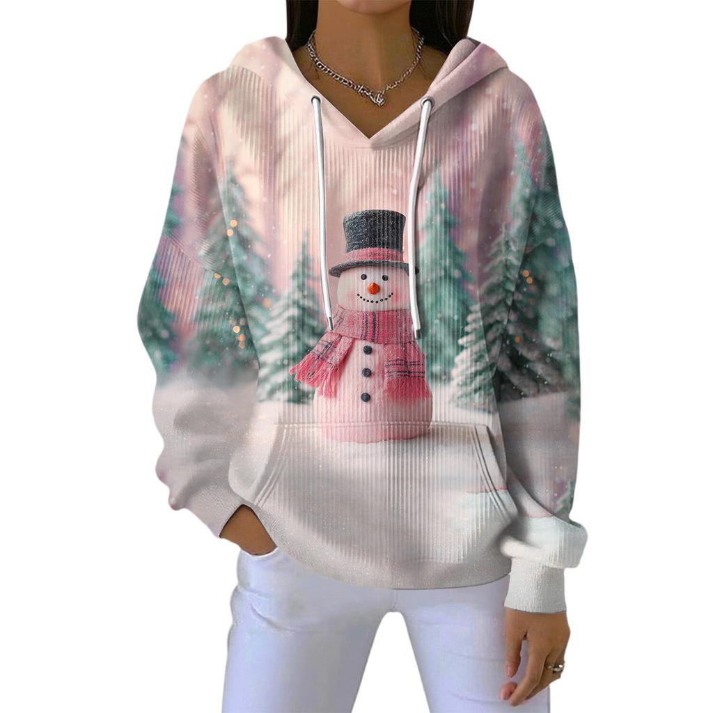 Women's Loose Comfortable Casual Fashion V-Neck Christmas Print Long Sleeve Hoodie